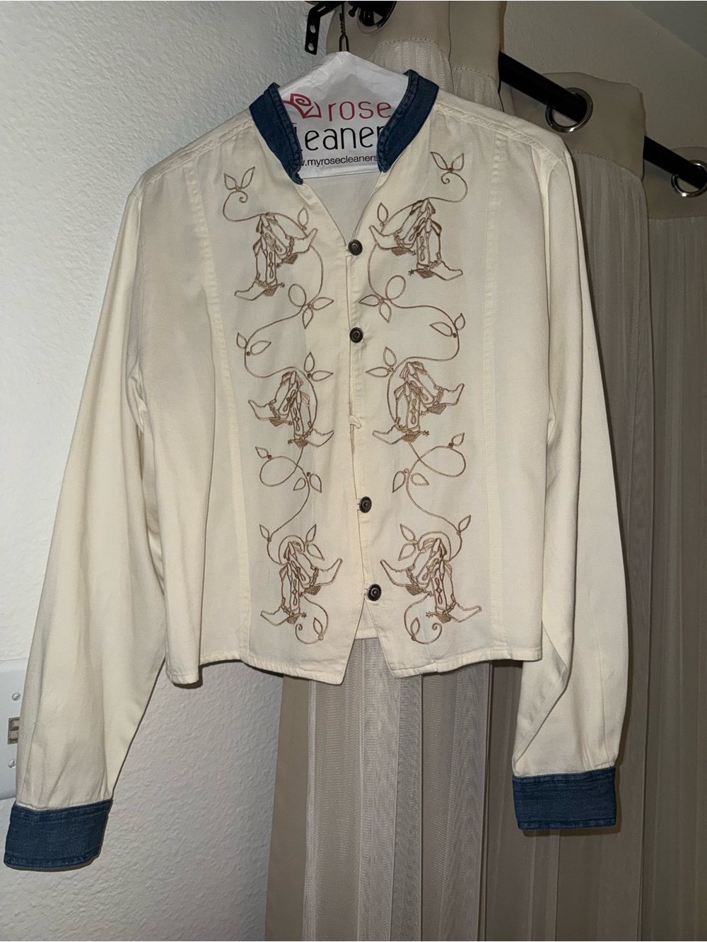 Western Blouse/Blazer with Contrast Denim Trim and Embroidered Cowboy Boots